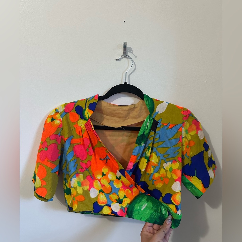 Handmade vintage wrap crop top in neon floral fabric